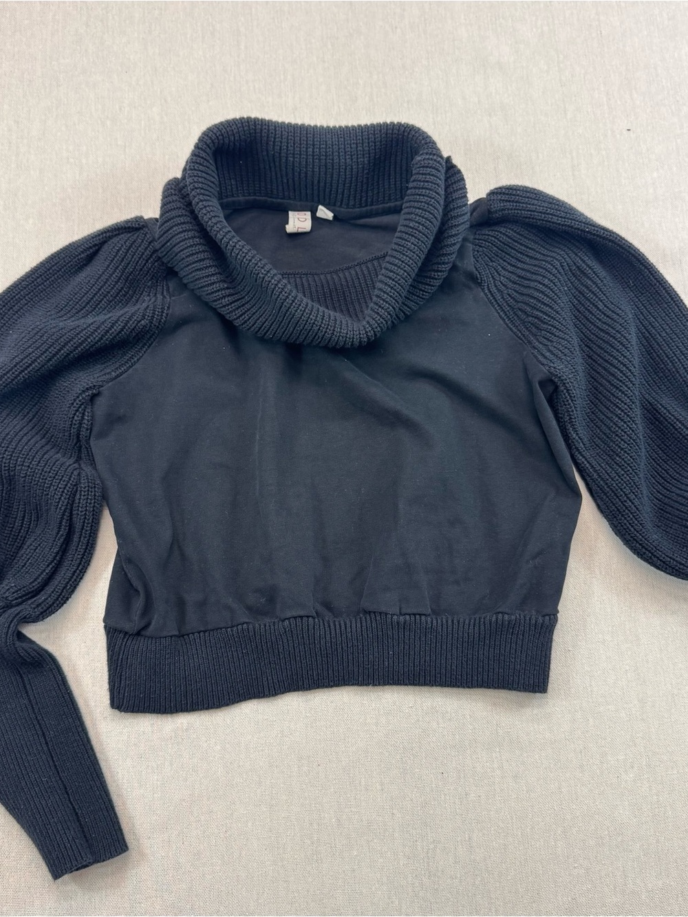 Dolan Petite S Black Turtleneck Sweater Puff Sleeve Cropped Knit Mixed Media Top